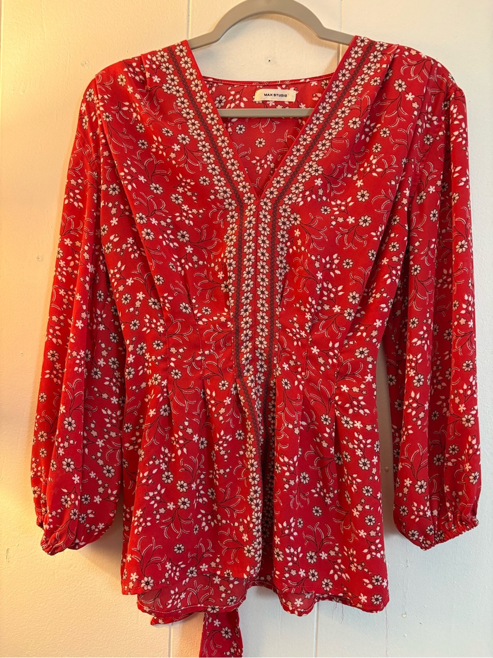 Max Studio Burnt Red Floral V-Neck Tunic with Embroidered Trim